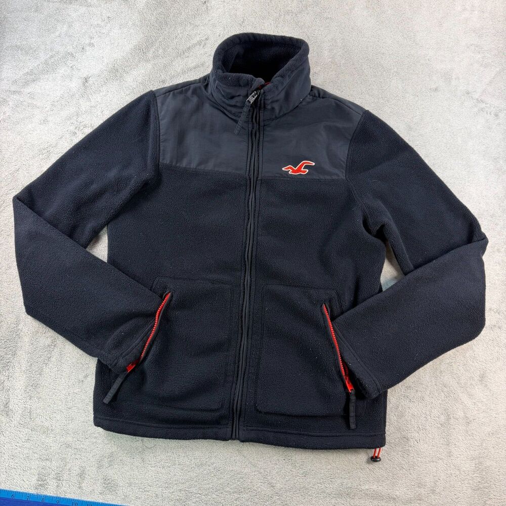 Hollister Fleece Jacket Men's Medium Navy Blue Full Zip Red Logo Outdoor